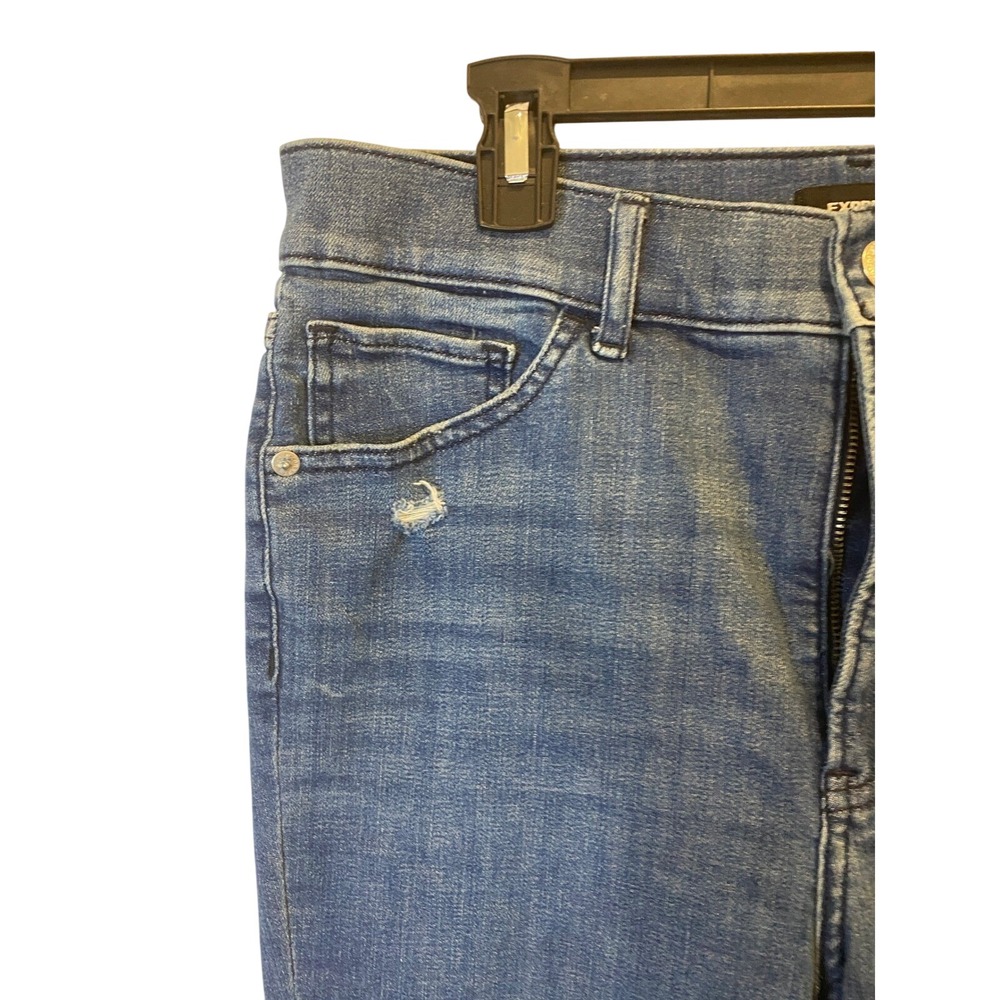 Express Skinny High Rise Hyper Stretch Distressed Jeans Blue Raw Hem Size 8R - Picture 7 of 7